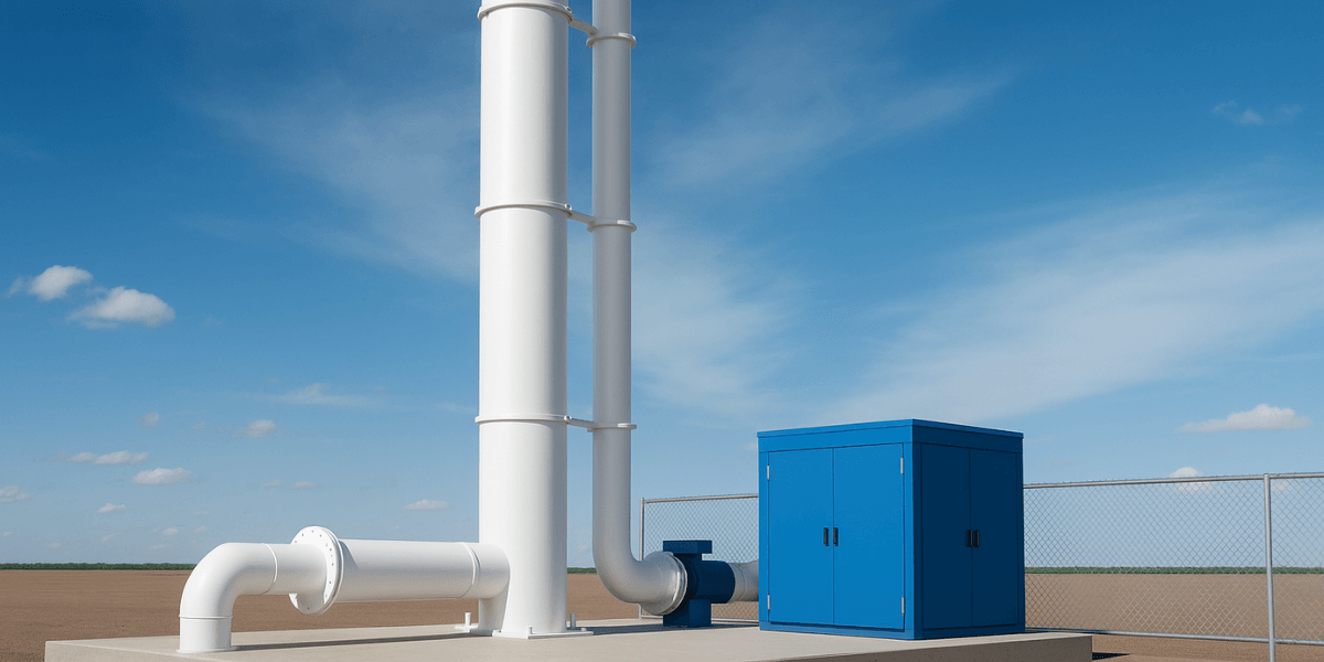 A high-resolution digital photograph showcases a modern industrial air stripper unit with twin vertical columns connected by a U-shaped duct. The equipment stands on a clean concrete platform next to a bright blue control enclosure, surrounded by a metal chain-link fence.
