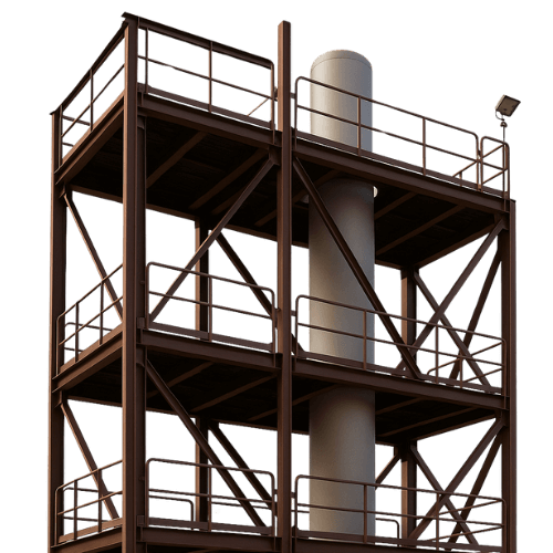 3D-rendered image of an industrial ammonia stripper in landscape orientation, featuring a tall vertical tower with structural supports and platform access, optimized for ammonia removal from wastewater through air stripping.