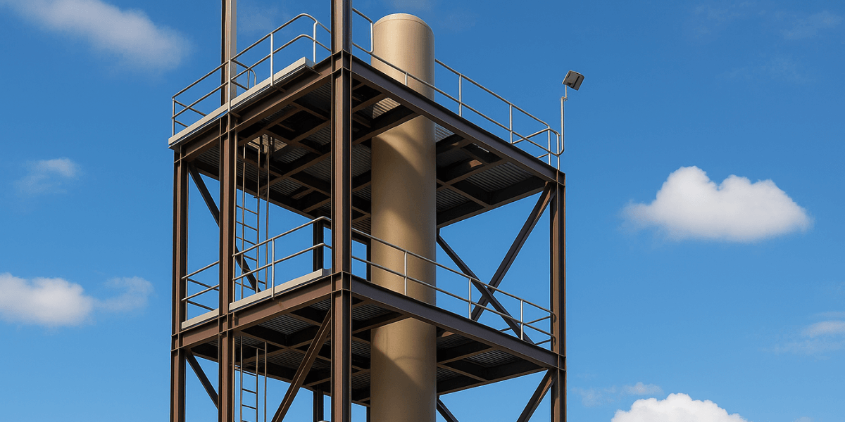 A high-resolution digital image of an industrial ammonia stripper tower standing within a steel support structure, set against a clear blue sky. The tower is designed for removing ammonia from wastewater using air stripping technology.