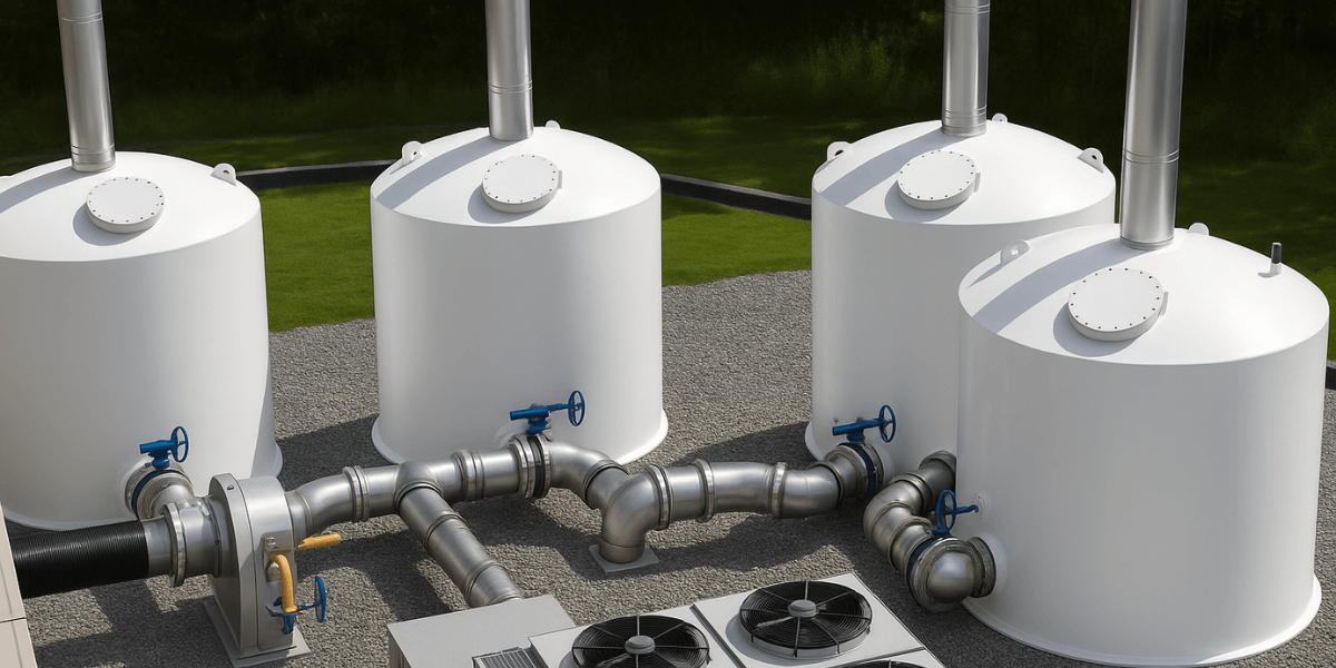 A high-resolution digital photograph shows a clean, modern outdoor installation of vapor phase carbon adsorption systems. The image features four large, white cylindrical tanks with vertical exhaust stacks connected by sleek, metallic piping.