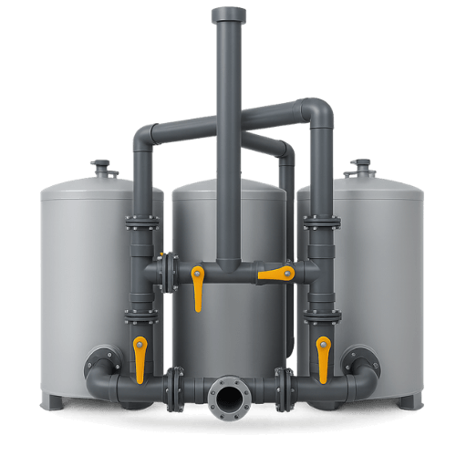 A high-resolution digital photograph depicts a clean and modern vapor phase carbon adsorption system. The system features multiple cylindrical vessels connected by smooth gray piping with golden-yellow valve handles, isolated on a white background for a professional and polished presentation.
