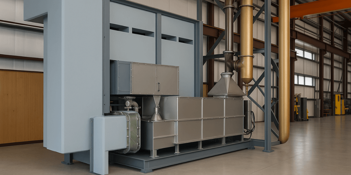 High-resolution 3D image of a catalytic oxidizer in an industrial setting, featuring a cylindrical design with labeled gas inlet, catalyst chamber, and exhaust outlet.