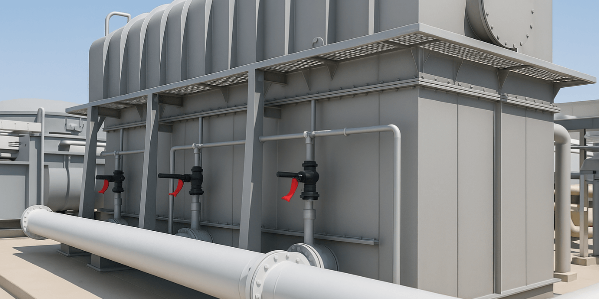 A high-resolution image of a regenerated and modernized Regenerative Thermal Oxidizer (RTO) system, showing a stainless steel chamber with curved top, industrial valves, and connected white piping under bright daylight conditions at a clean, outdoor processing facility.