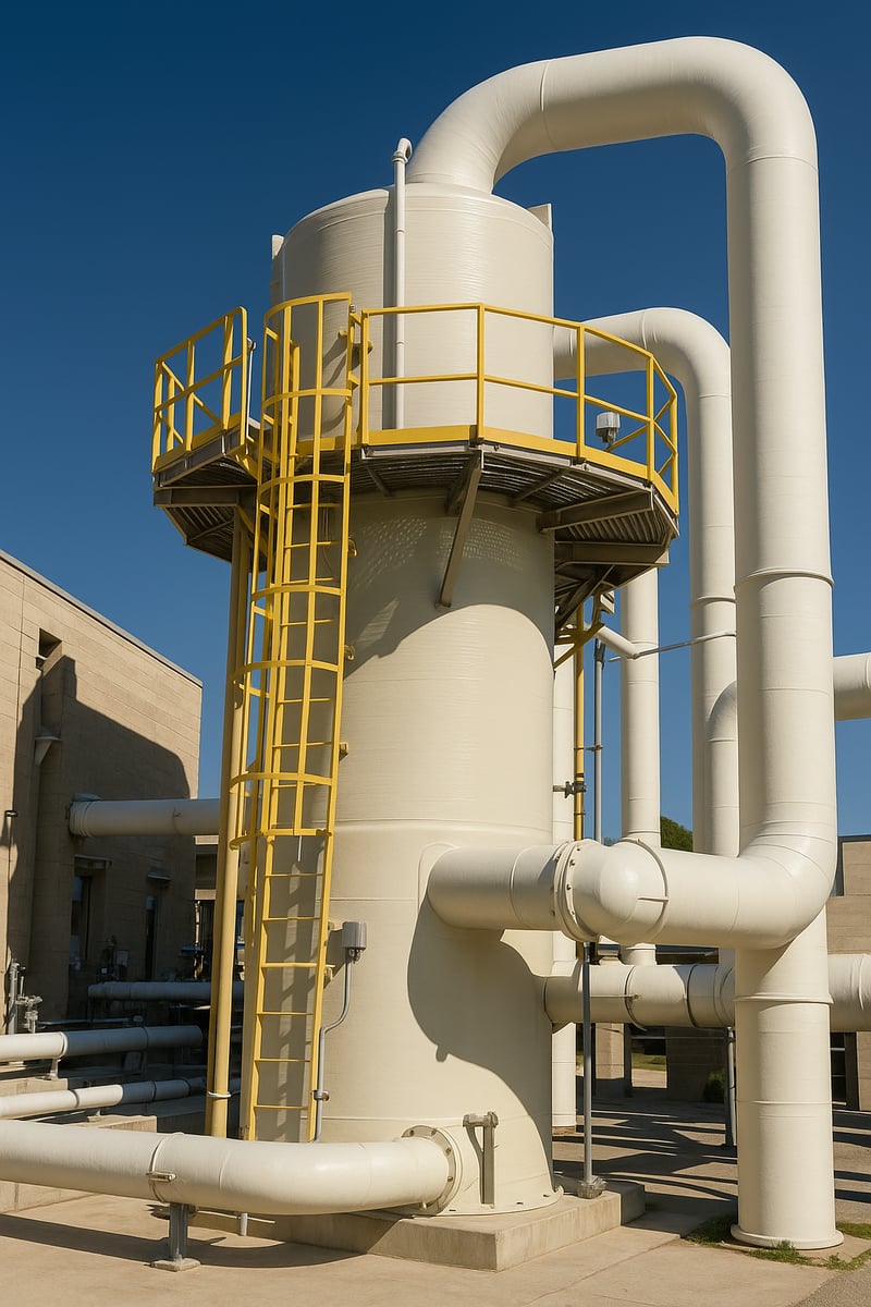Cutaway diagram of a packed tower scrubber showing dirty gas inlet, random packing media, spray distributor, mist removal section, and recycle water system.