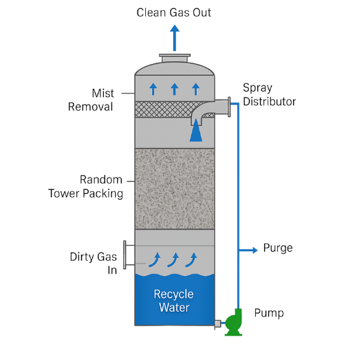 Diagram of a Jet Venturi scrubber showing liquid inlet, dirty gas inlet, mixing throat, self-cleaning separator, and recycle water tank.