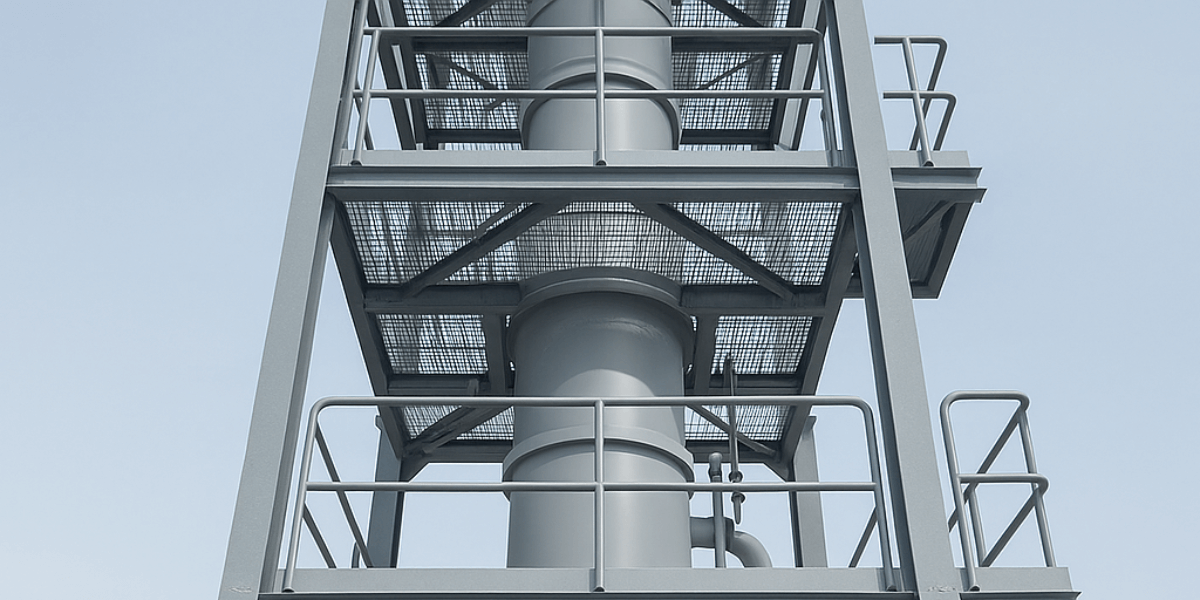 High-resolution image of an industrial steam stripper system housed within a steel frame tower, captured in daylight with a clear sky in the background.