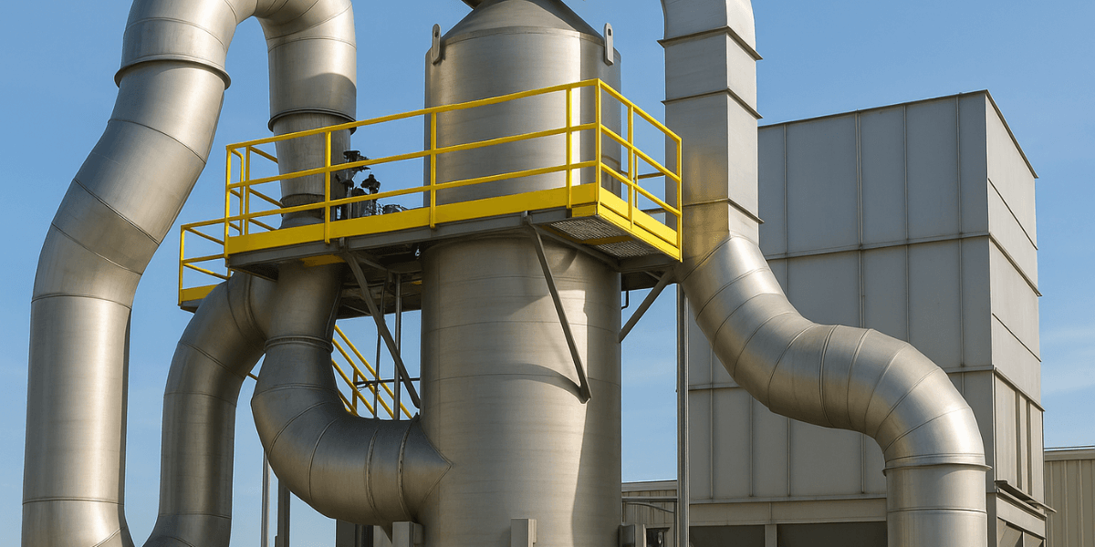 Wide-format image of a stainless steel Venturi HE scrubber system under daylight, designed for industrial air pollution control applications.