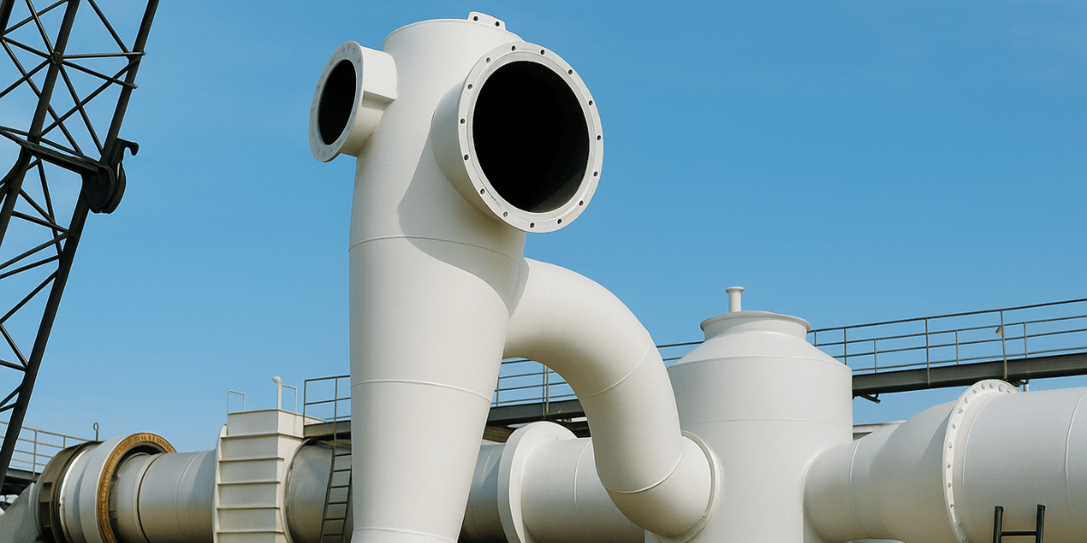 Clean, modern illustration of a Jet Venturi scrubber system with labeled parts such as liquid inlet, gas inlet, mixing throat, self-cleaning separator, and water storage tank.